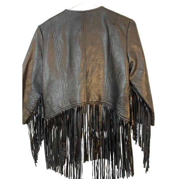 Glamorous S/M Jr Black Fringe Faux Leather Jacket Open Front 3/4 Sleeve RL10436 - Picture 8 of 11